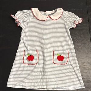 Striped Blue and White Kids Dress with Apple Pockets